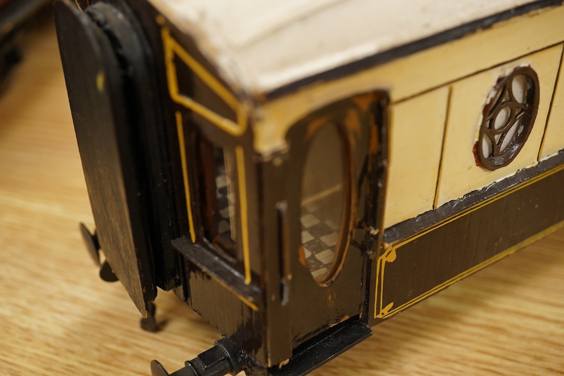 Two Gauge One bogie coaches; a Midland Railway clerestory coach, together with a 12-wheel Pullman car (bogies af), plus an American outline caboose, some scratch building and adaptation from kits, etc.